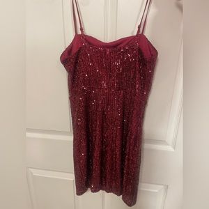 Deep red/marron. Sequins, padded. Size 9. Brand Midnight Doll.